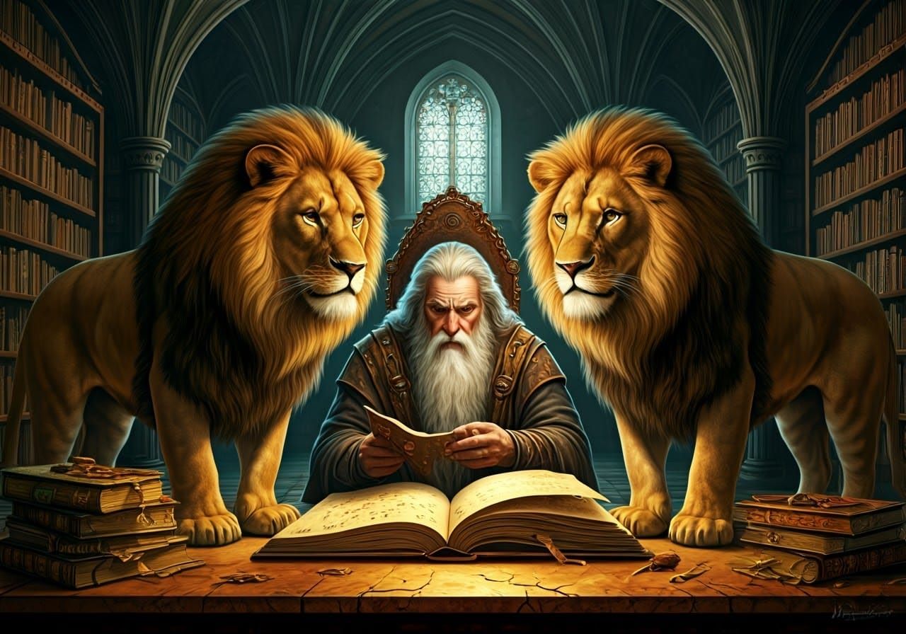 Regal Lions Guard Ancient Wizard in Mystical Library