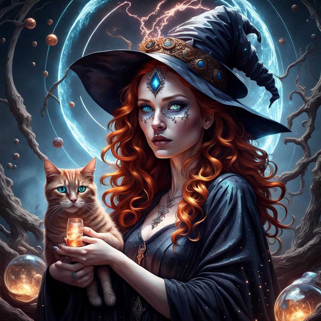 Dark Cosmic Witch with Her Familiar Cat