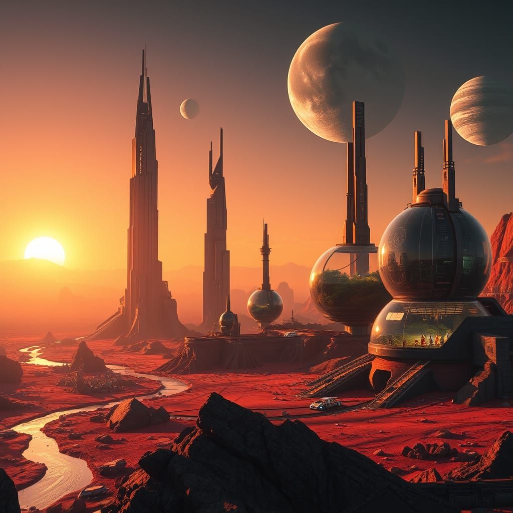 Alien Metropolis at Sunset Under Multiple Moons