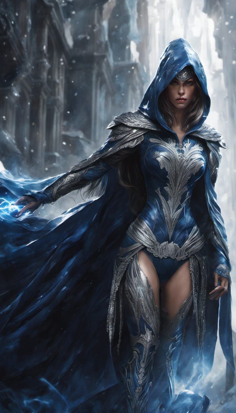 Full body portrait of superheroine, wearing insanely detailed ghostly midnight-blue cloak with silver accents with hood ...