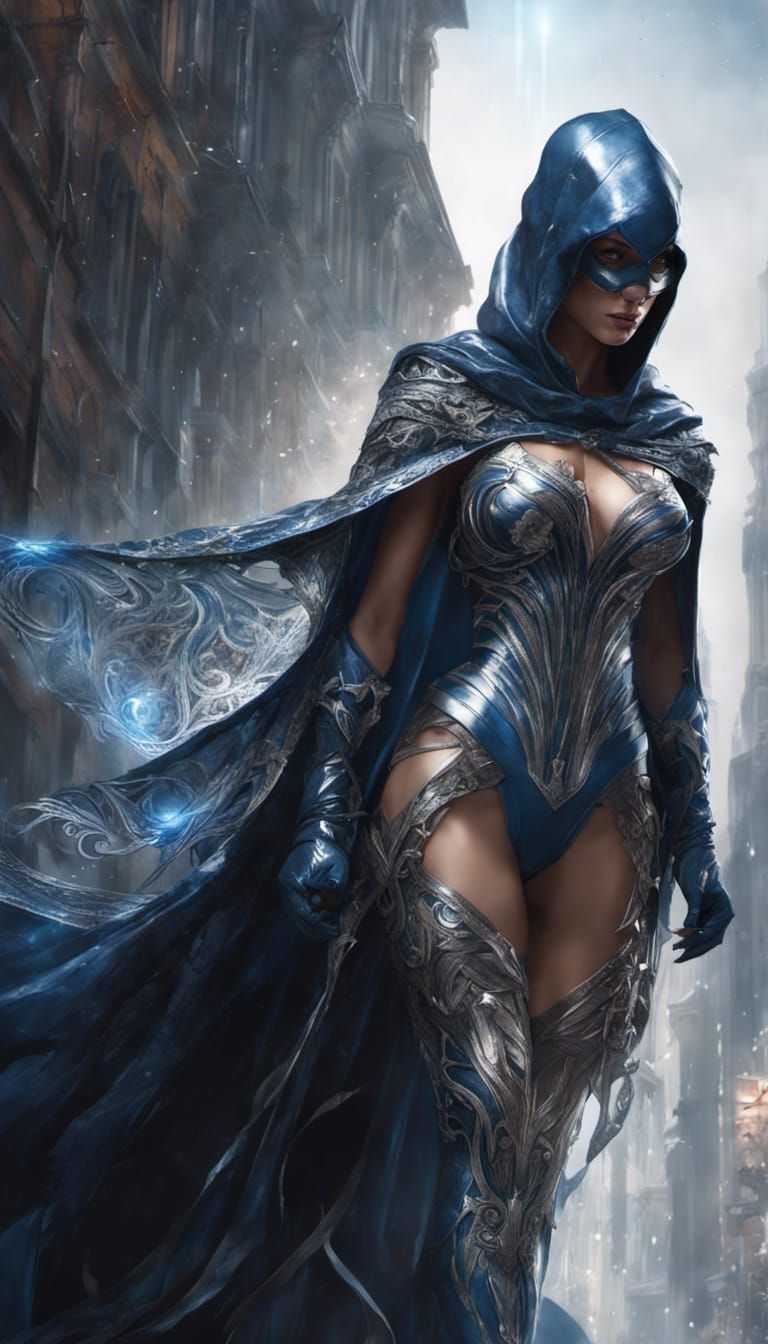 Full body portrait of superheroine, wearing insanely detailed ghostly midnight-blue cloak with silver accents with hood ...