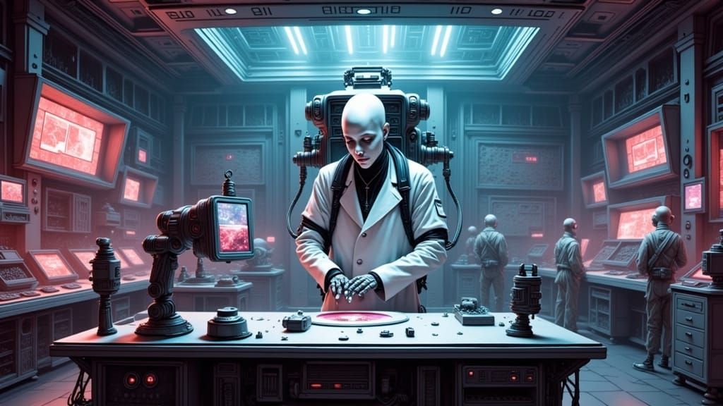 Futuristic Robot Scientist in a Neon Laboratory