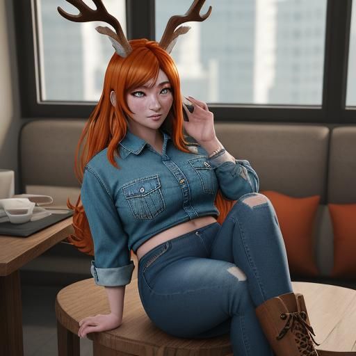Curvy Anime Woman with Antlers and Rabbit Ears
