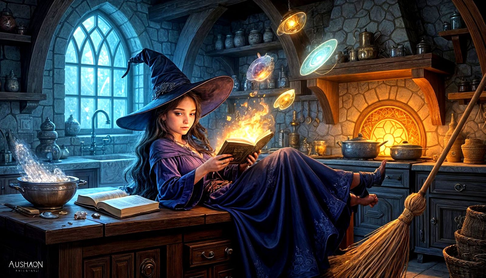 Adorable Witch Reads Magical Tome in Enchanted Kitchen