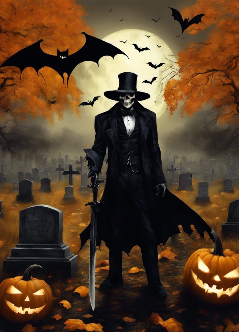 Halloween Graveyard Scene with Bats and Full Moon