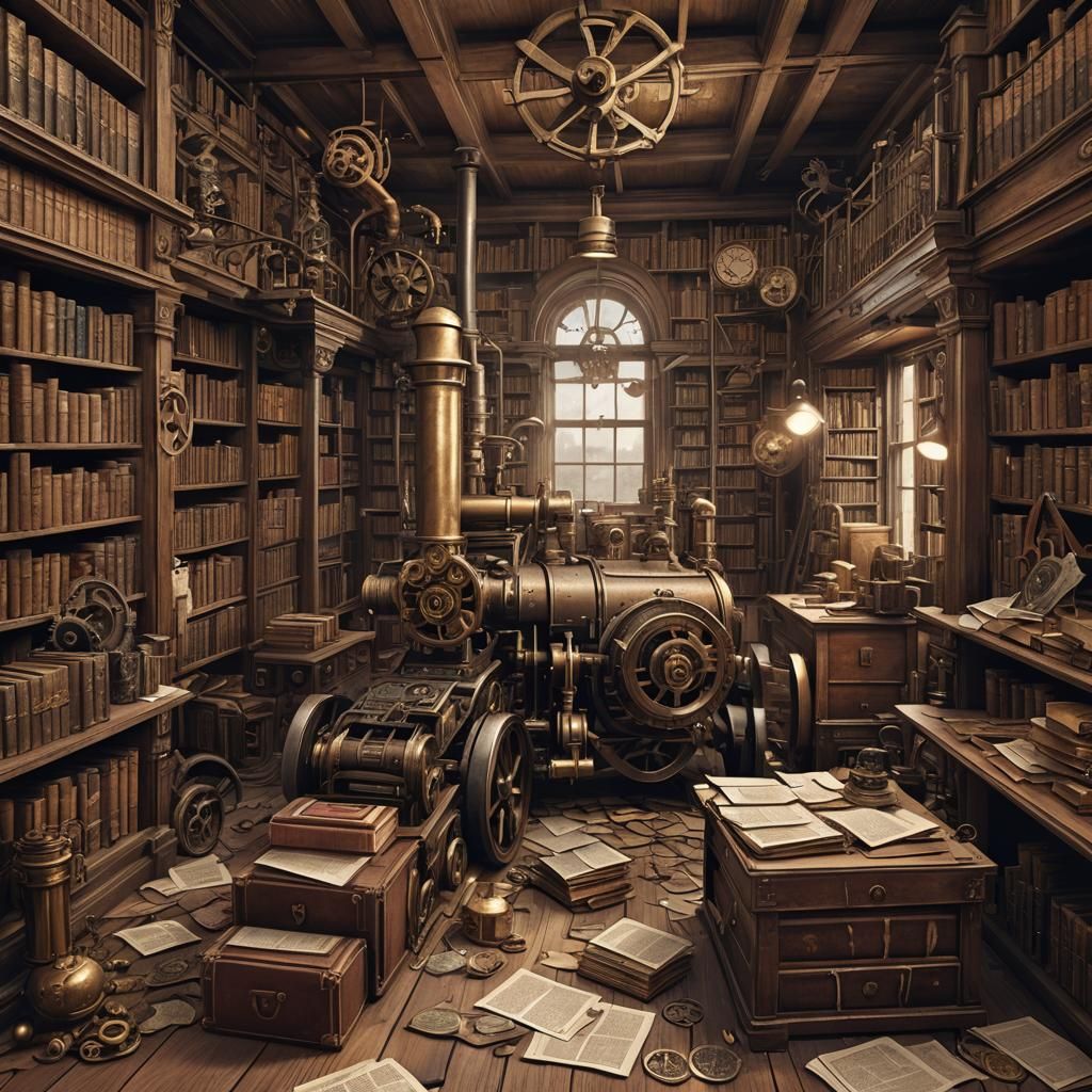 Steampunk Library with Gears and Tattered Books
