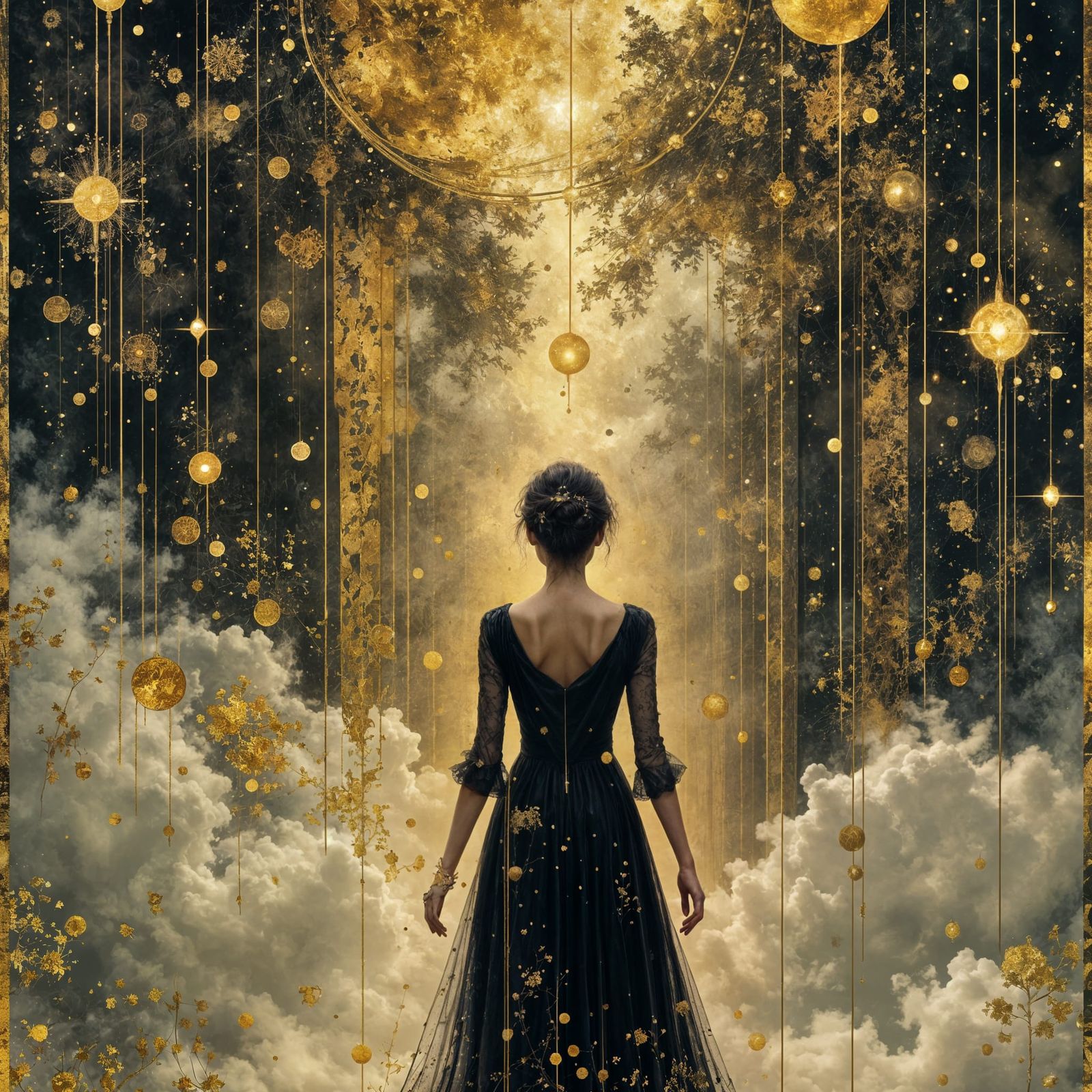Surreal Triptych of Dreamlike Worlds in Black and Gold