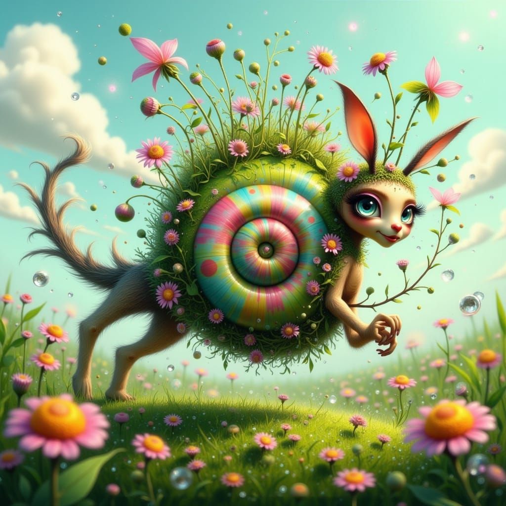 Surreal Fae Cheetah Snail Embodies Whimsy in a Sun-Kissed Me...