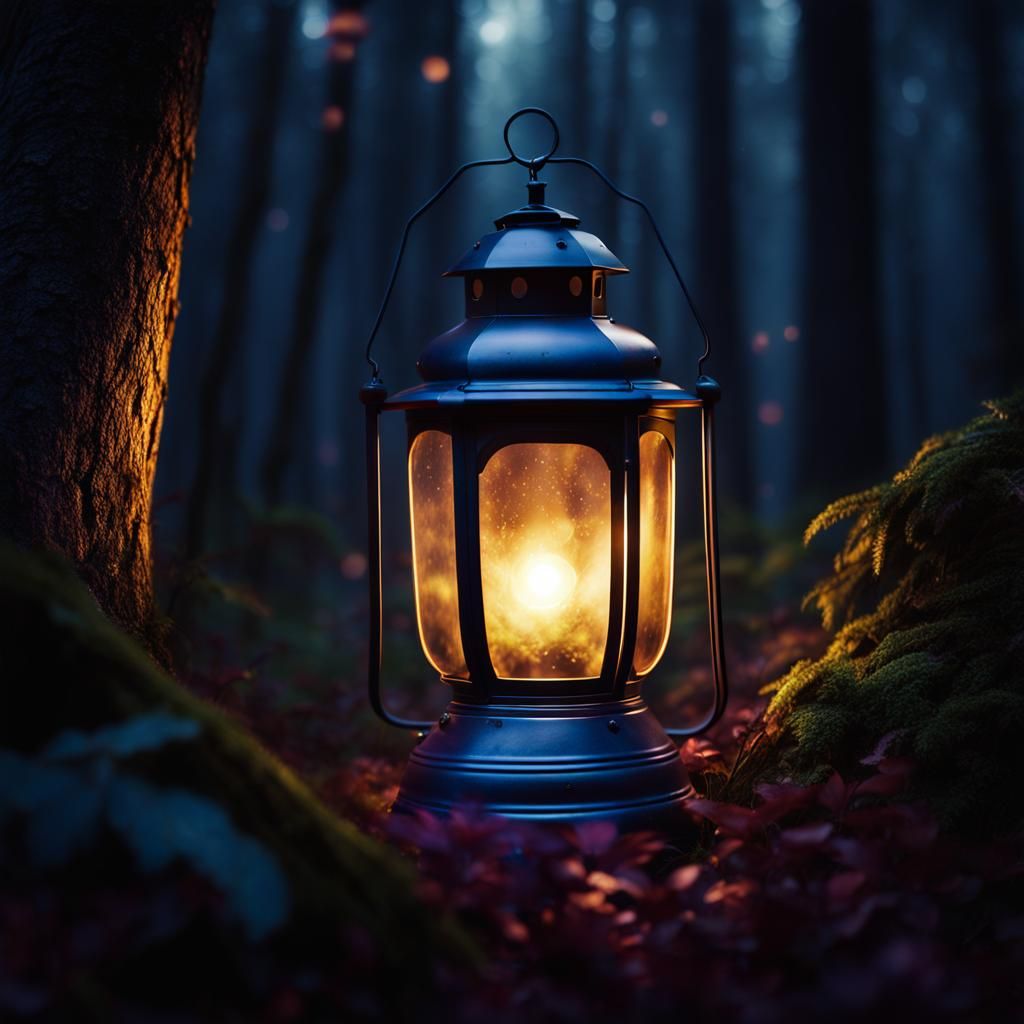Glowing Lantern Illuminates Ethereal Forest: Fantasy Illustr...