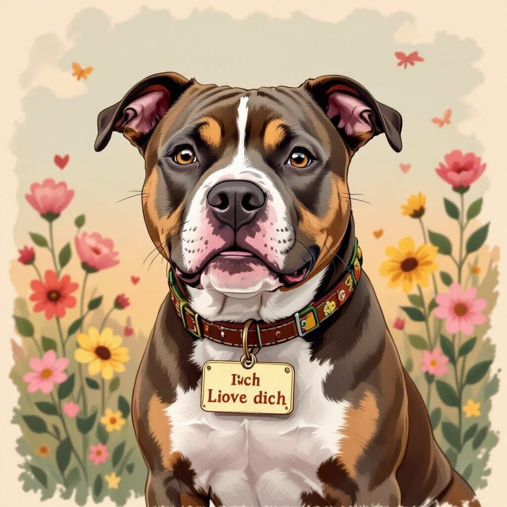 Pitbull Portrait with "I Love You" Message in Potter Style