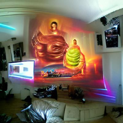 Neon Buddha Teaching Wall Painting in Panoramic View