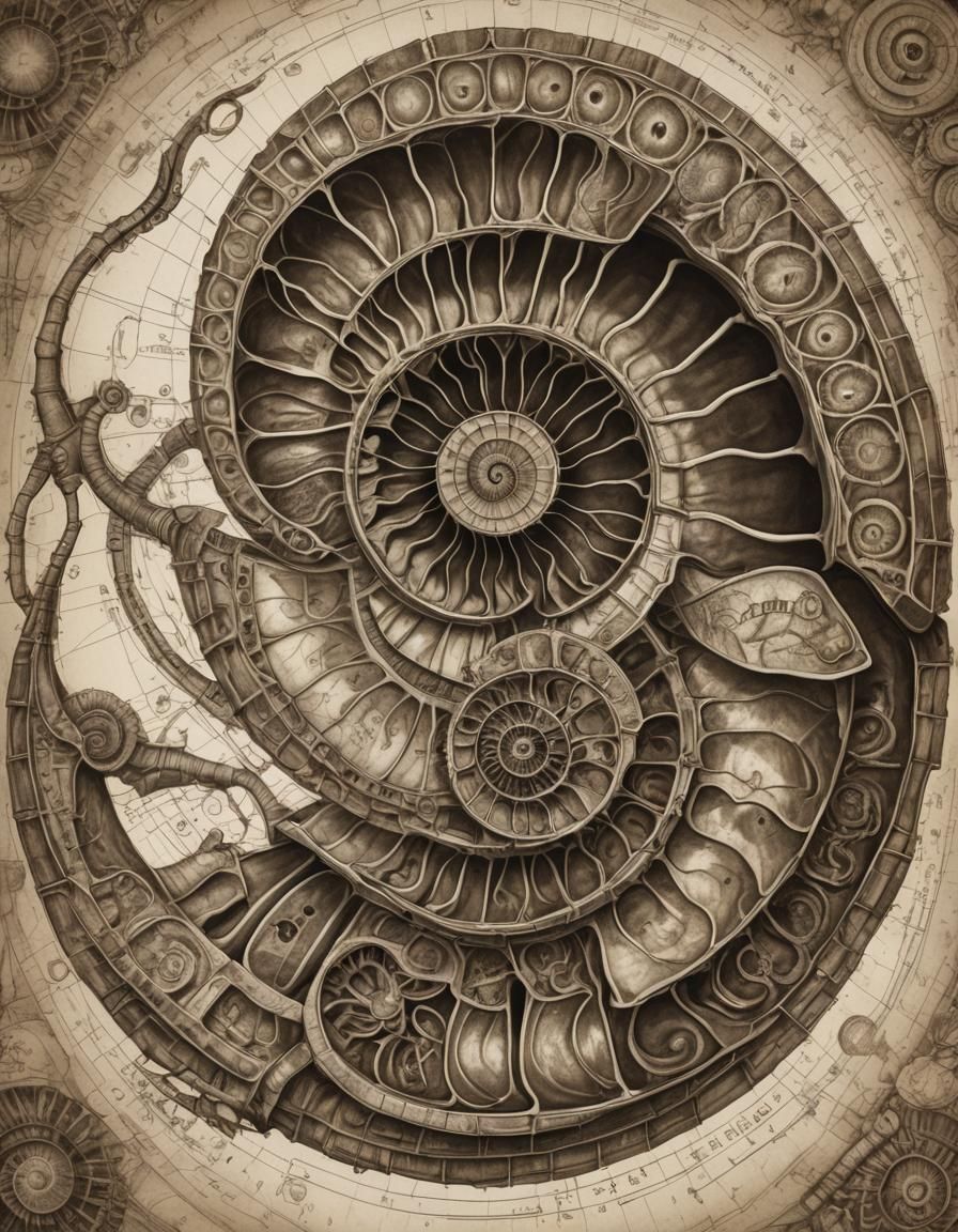 Annotated Anatomical Drawing of an Ammonite in Sepia