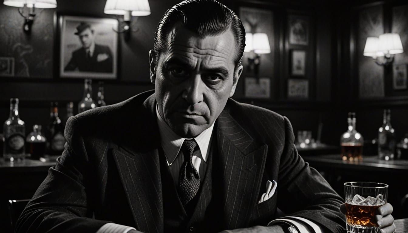 Film Noir Mob Boss in Dimly Lit Speakeasy