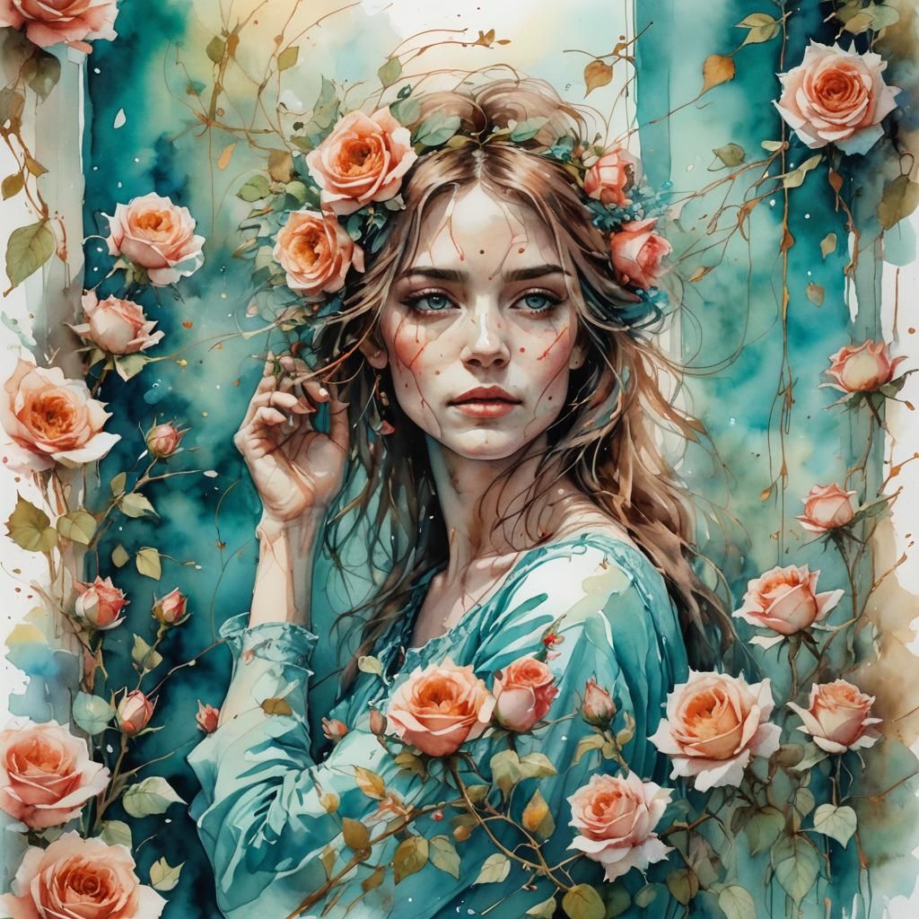 Roses of Sharon by Bedside Window in Watercolour