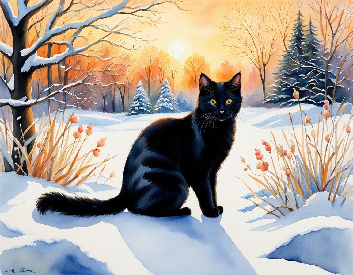 Kittens Playing in Winter Garden, Watercolour Style