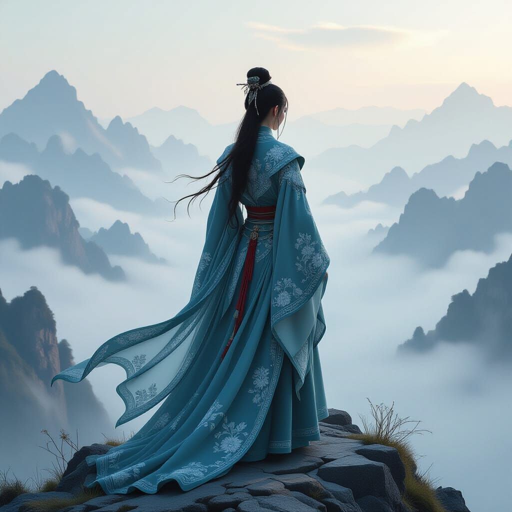 Elf on Mountain Peak in Chinese Silk Robes, Pre-Raphaelite S...