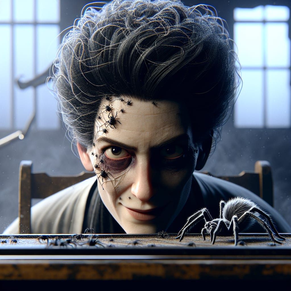 Eerily Pale Woman with Spiders in Hair