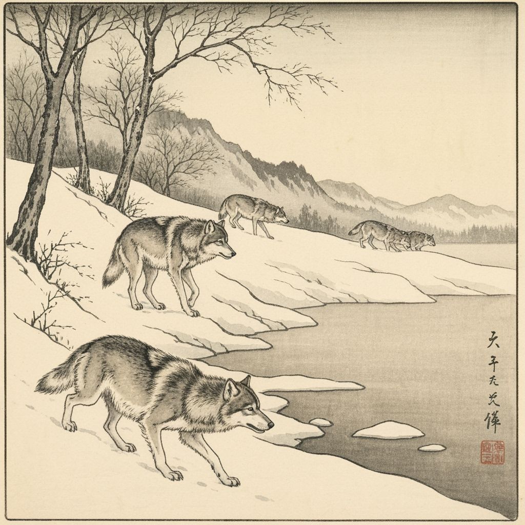 Wolves Trekking Snowy Mountain in Japanese Sumi-e Style
