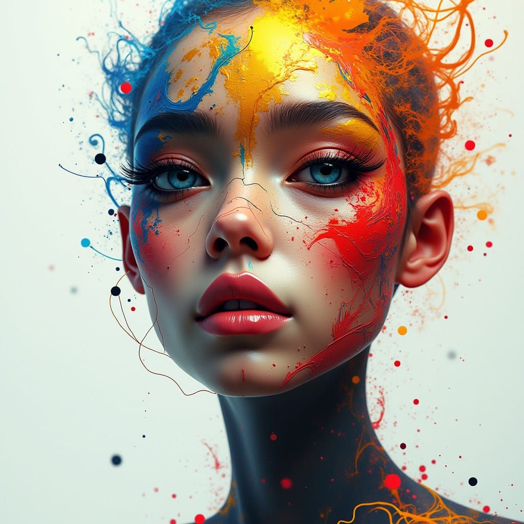 Hyper-Realistic Portrait with Swirling Paint Strokes and Geo...