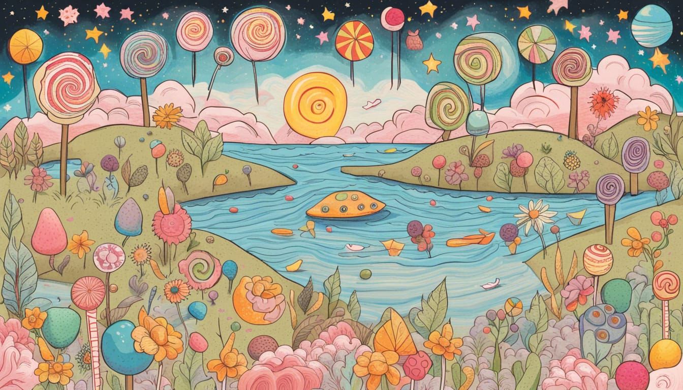 Childish World Drawing with Lollipops and Flowers