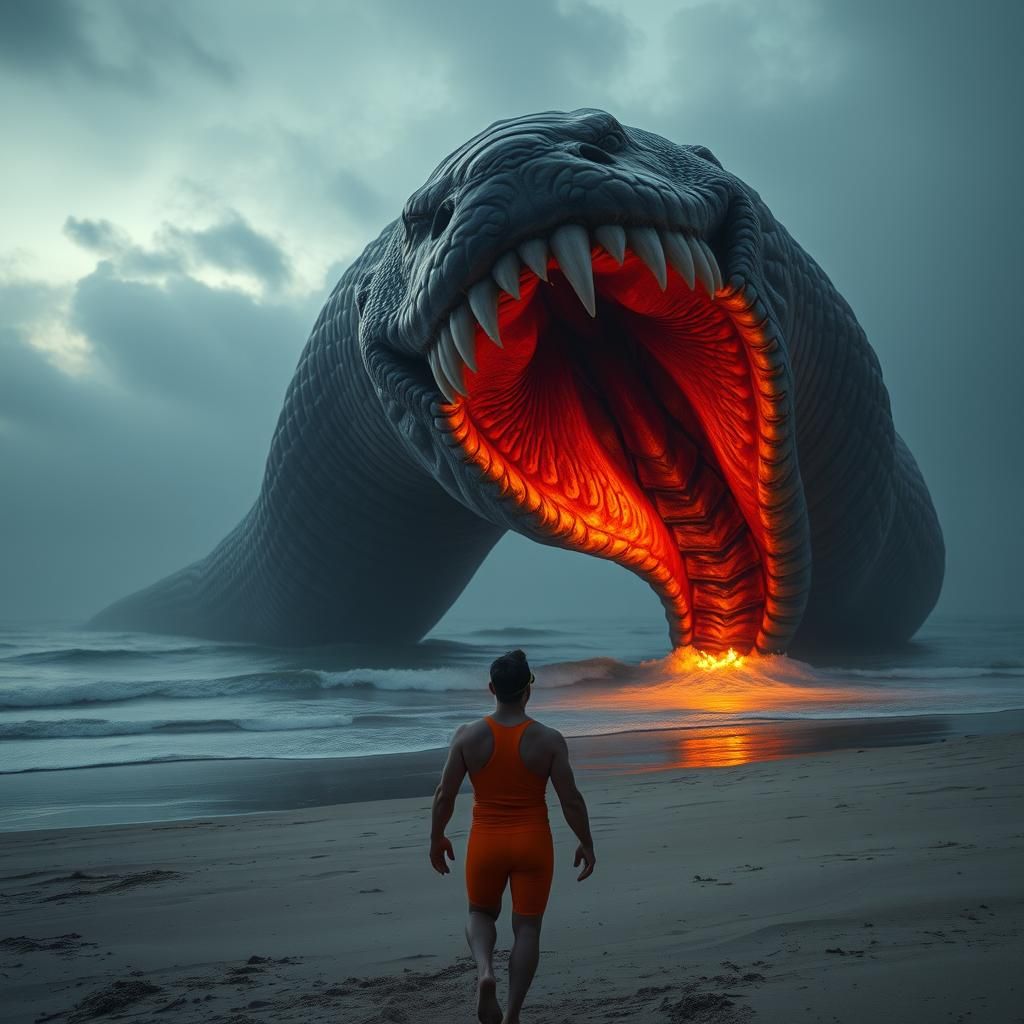 Terrifying Sea Serpent Confrontation on Desolate Shore