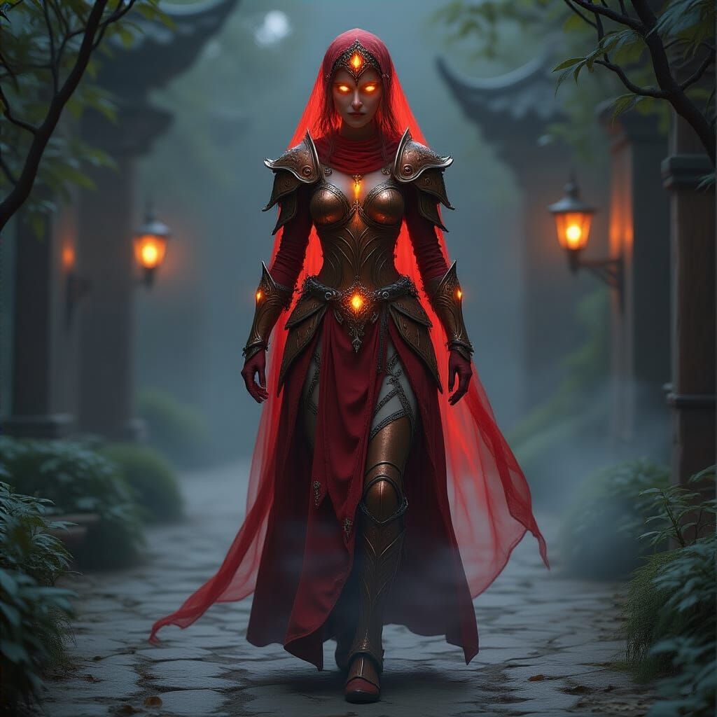 Ethereal High Elf Knightess in Fantasy Courtyard