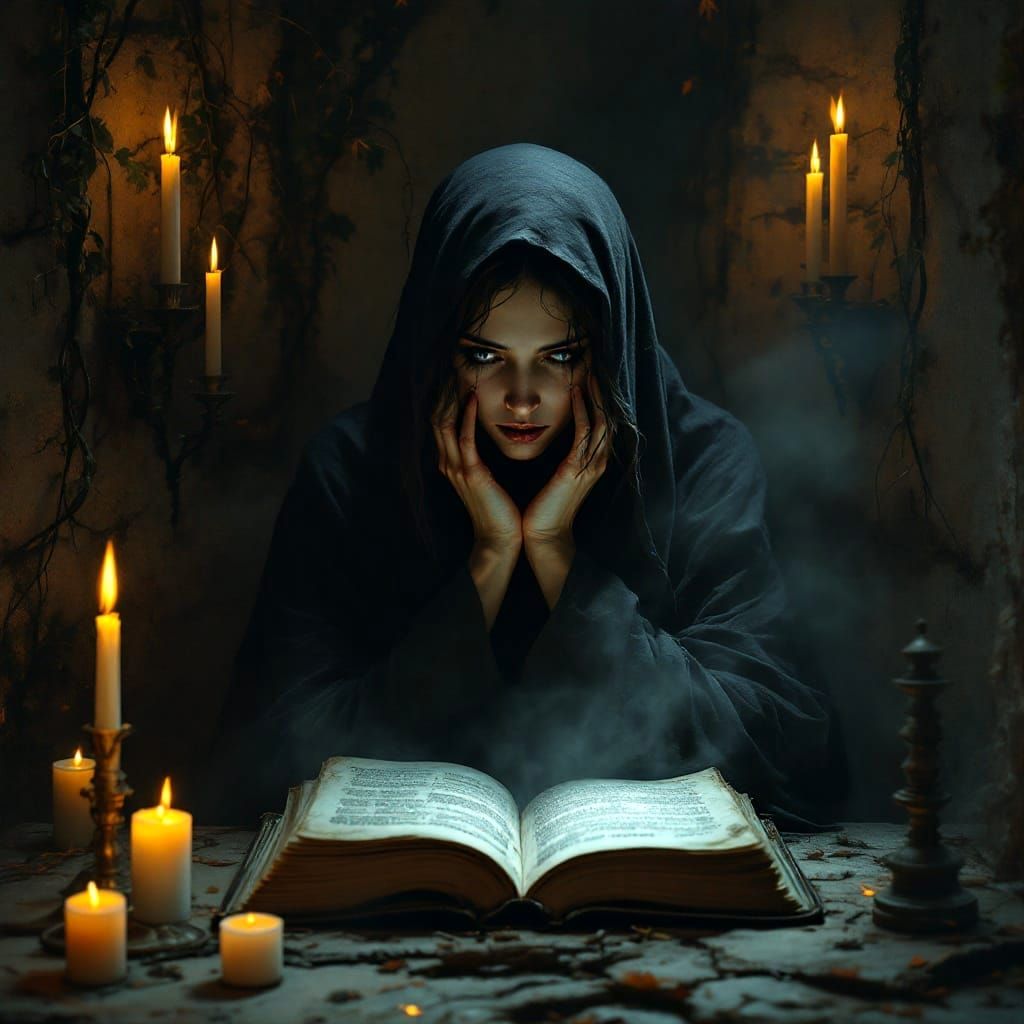 A Lonely Woman Lost in Thought Amidst Eerie Candlelight