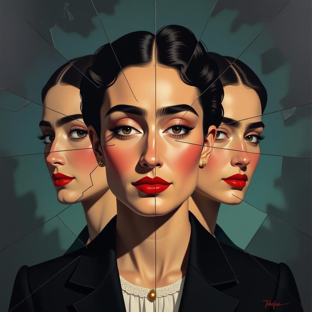 A portrait divided into mirrored shards — each shard shows a...