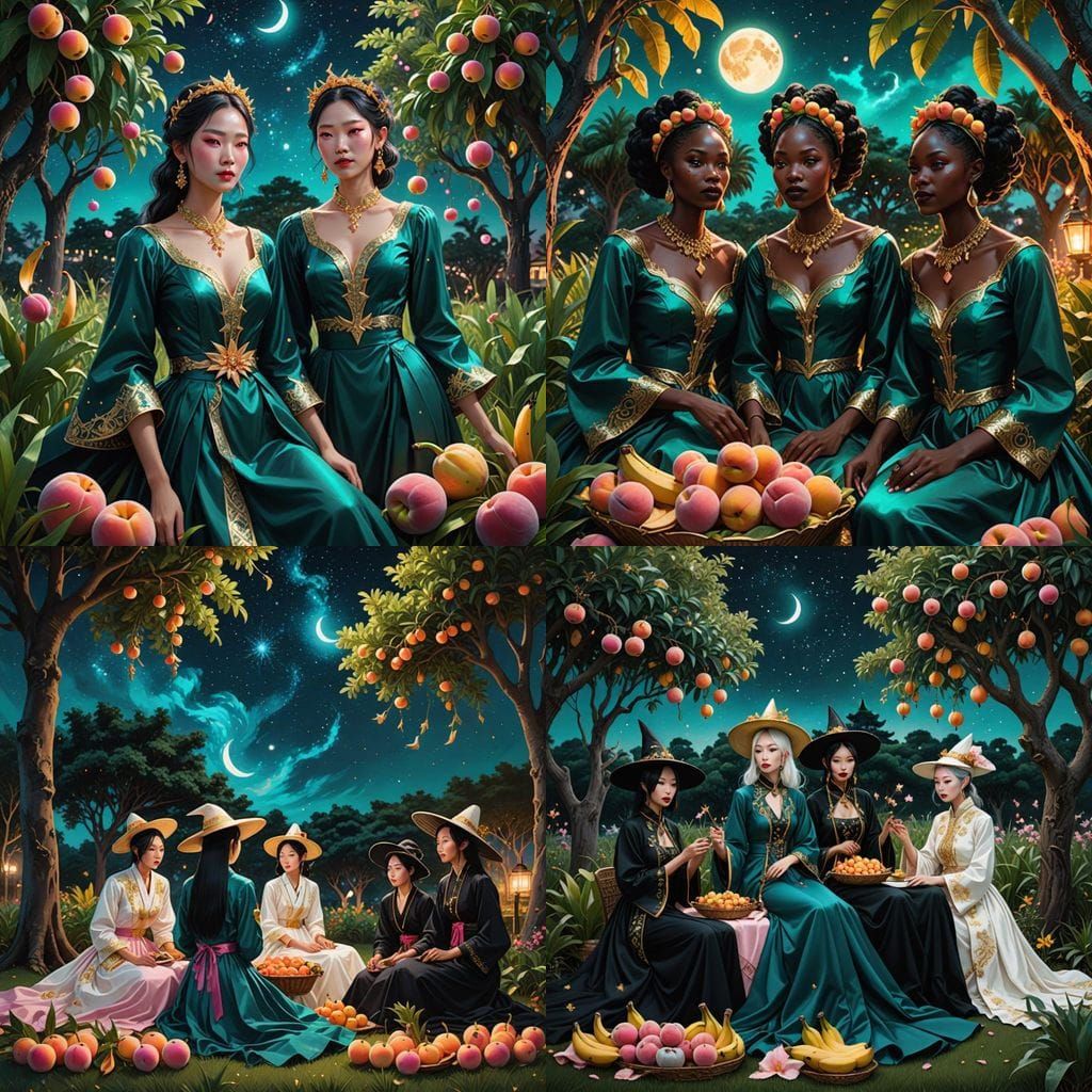 Witches' Starry Picnic with Teal Peaches: Hyperrealistic Art