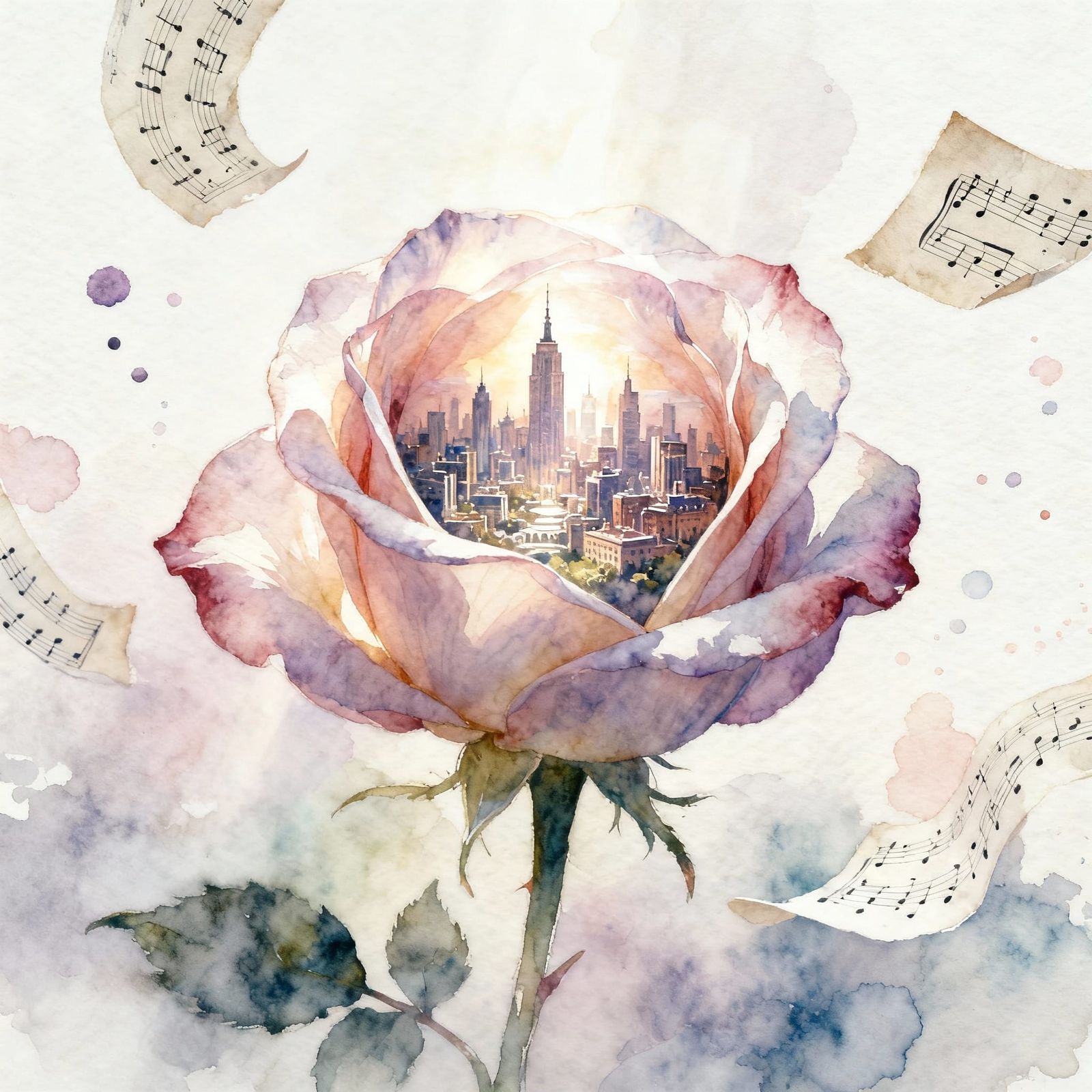 Rose Unfurling to Reveal Miniature Cityscape in Dreamlike Wa...
