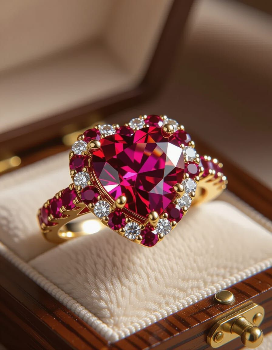 Intricate Ruby and Diamond Heart Wedding Ring
