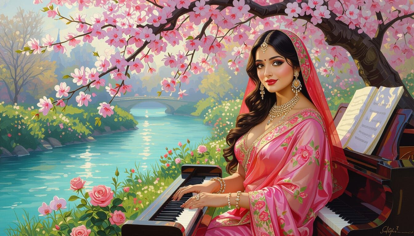 Indian Princess Plays Piano Under Almond Tree in Van Gogh St...