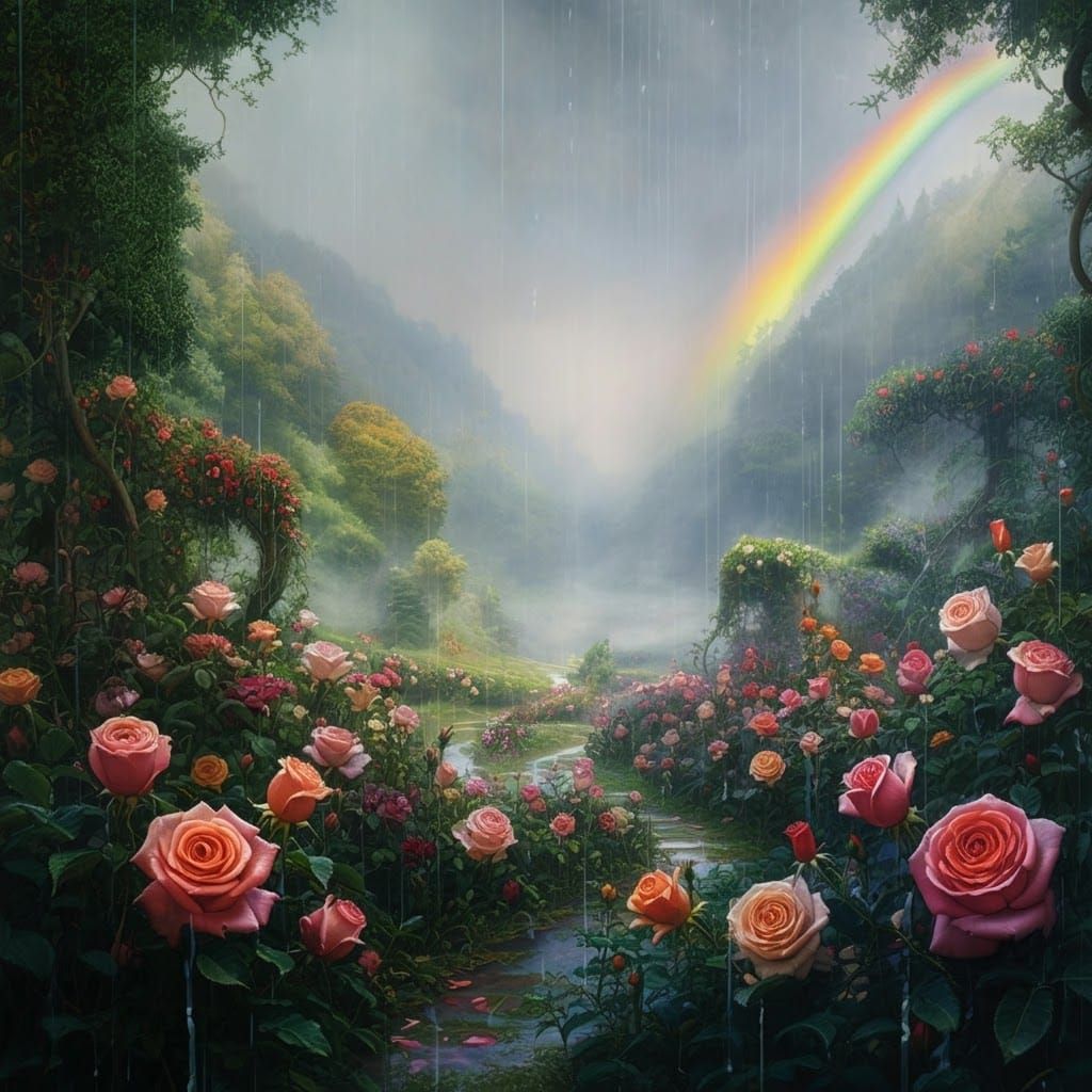Rainbow Over Mystical Rose Valley in Rain