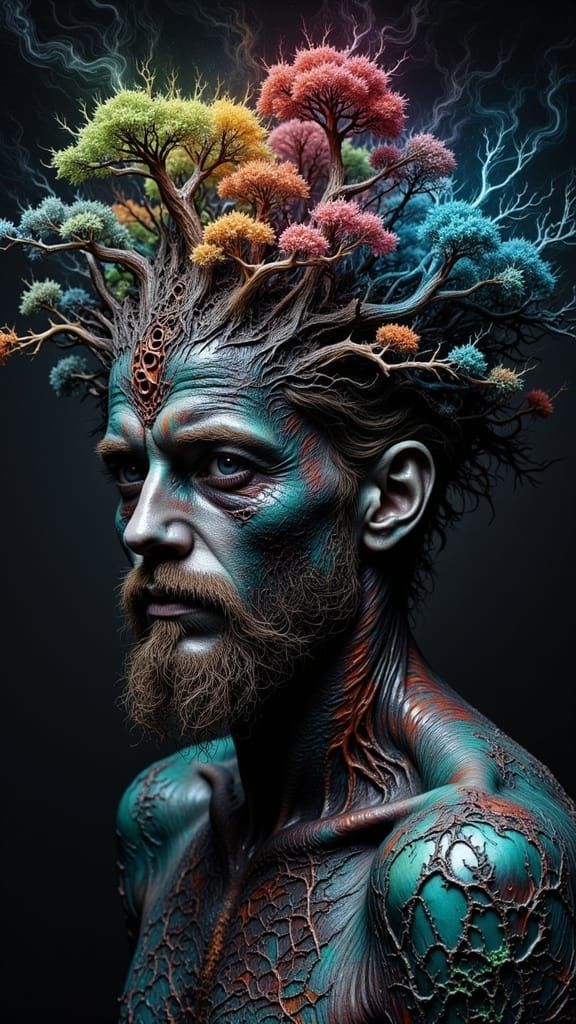 Fractal Faced Man with Bioluminescent Canopy