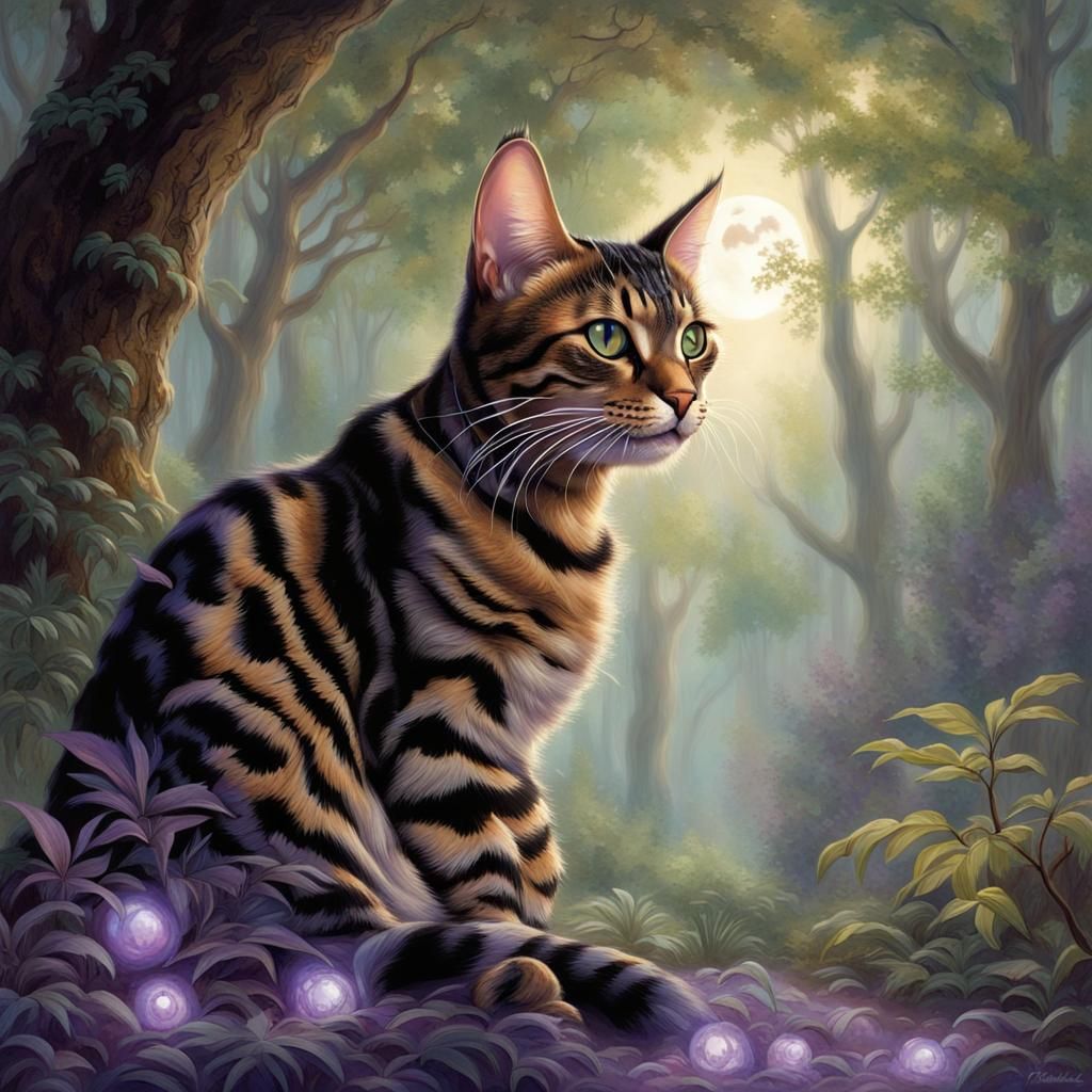 bengal cat smiling in a leafy forest majestic moon beams from tree tops black dragon with purple eyes laying on the gro...