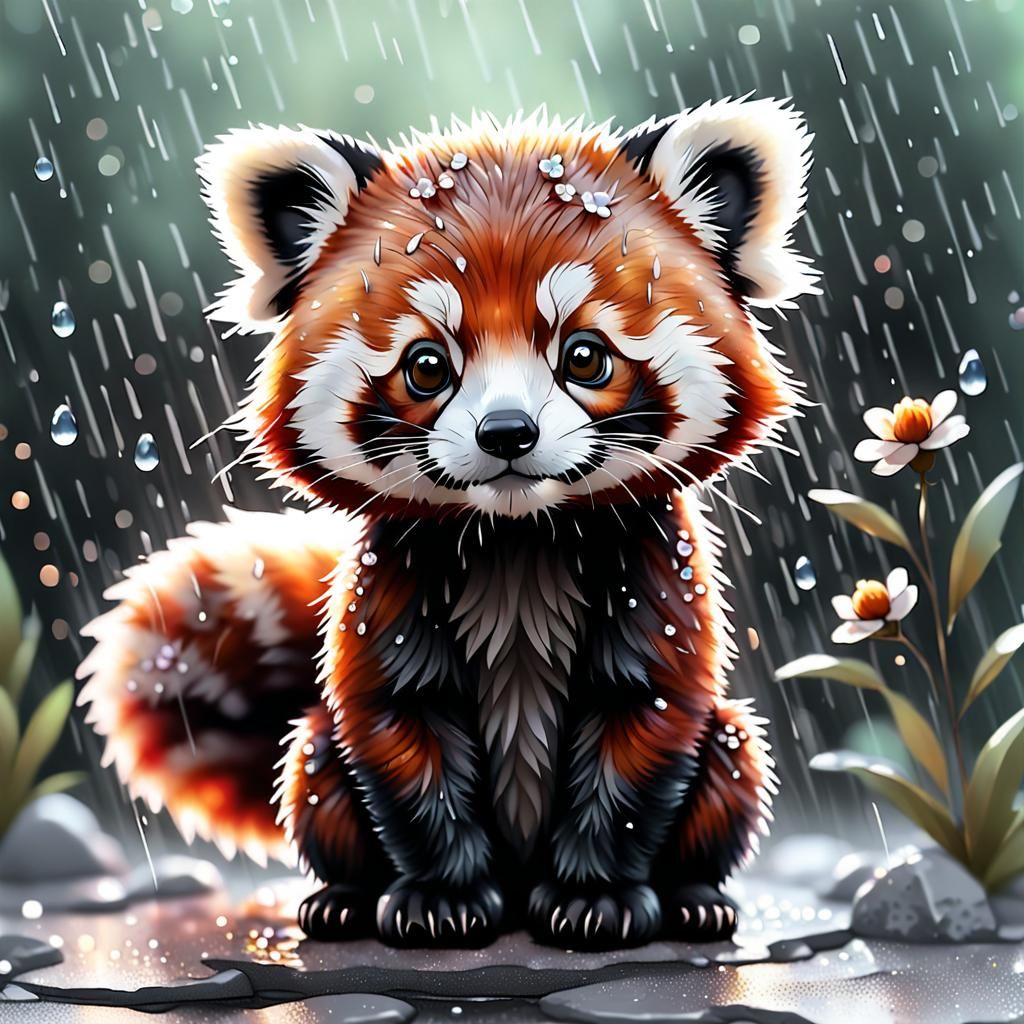 Adorable Chibi Red Panda in Rainy Alcohol Ink Art