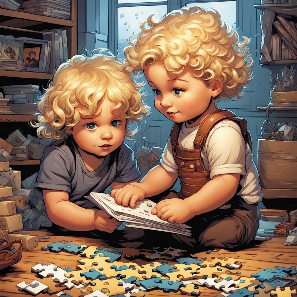 Toddler and Teenager Playing Puzzles in Comic Style