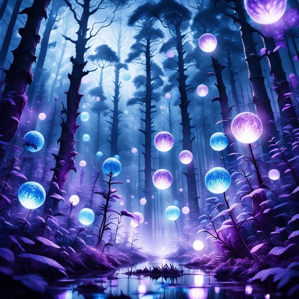 Mystical Forest: Glowing Orbs in Surreal Light