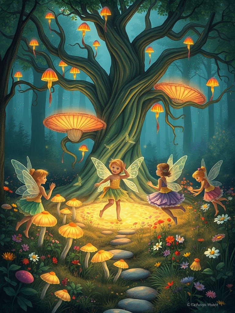 Whimsical Fantasy Fairies Dance in Enchanted Forest