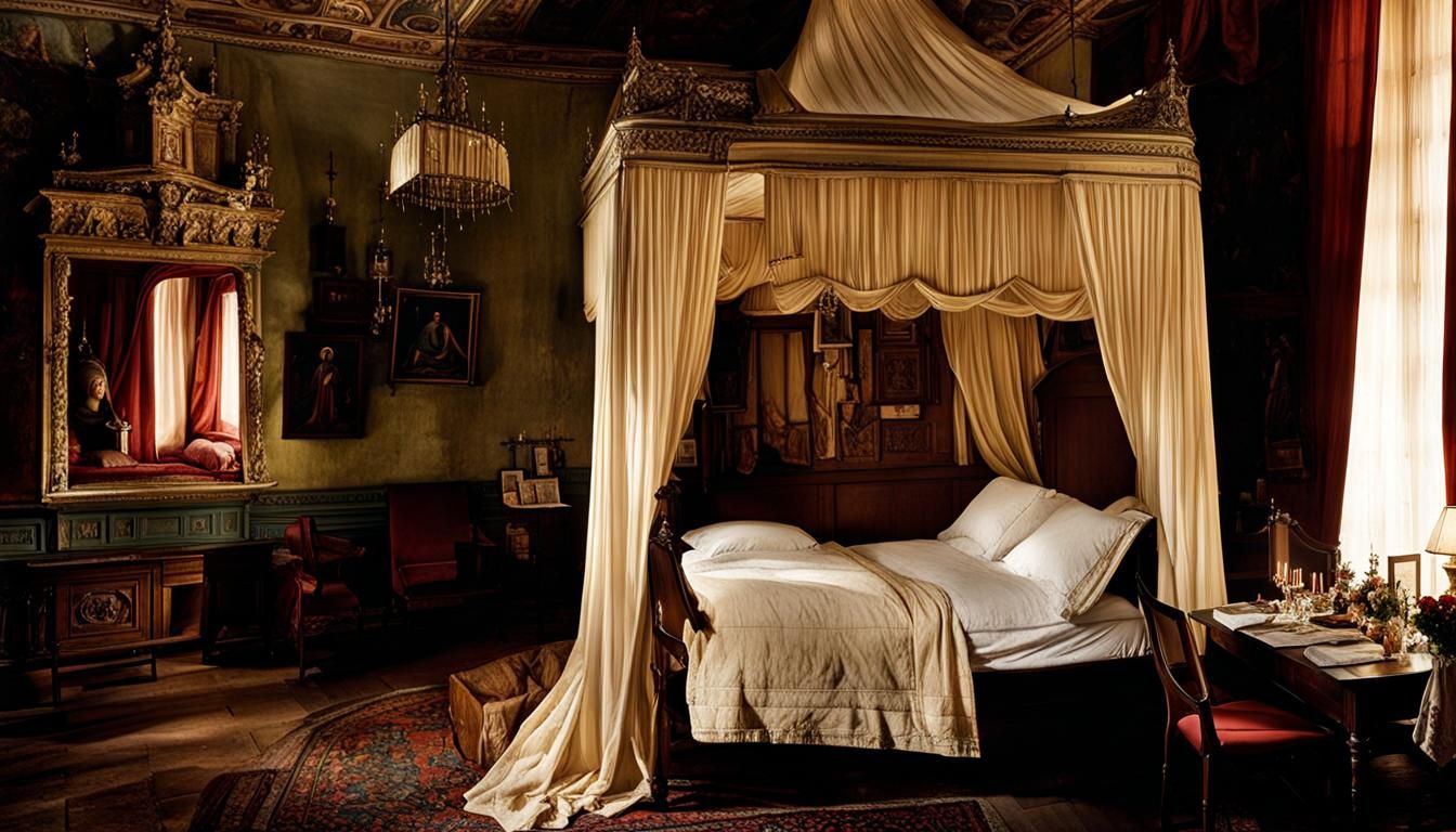1920s Danzig Bedroom with Canopy Bed in Polaroid Style