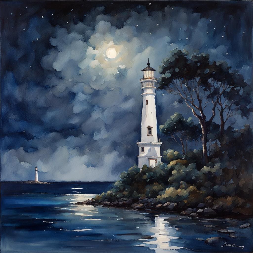 Lighthouse Shines in Watercolor Night, Oil Painting