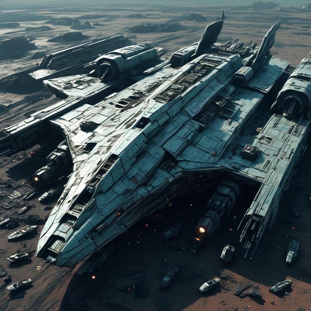 Retrofuturistic Dreadnaught Starship in Desolate Space