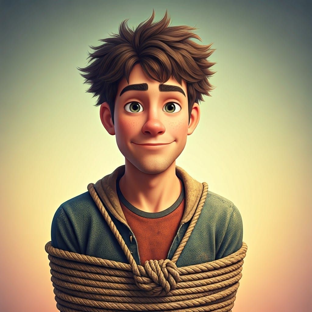 Youthful Man Bound by Intricate Ropes in Vibrant Pastel Colo...