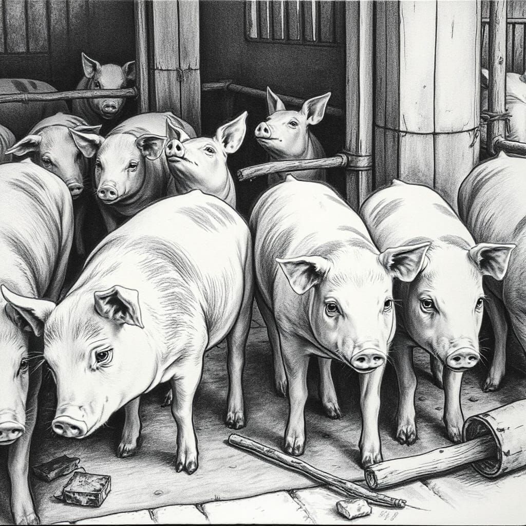 Pigs in Enclosure: Charcoal Drawing in Burton Style