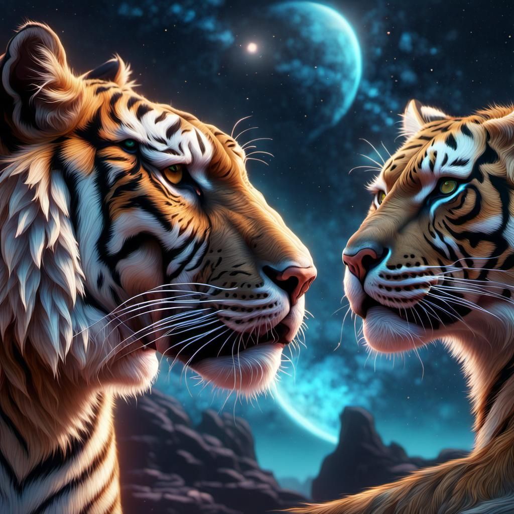Bioluminescent fantasy tiger and lioness in the mysterious love space, galaxy, romance, detailed matte painting, deep c...