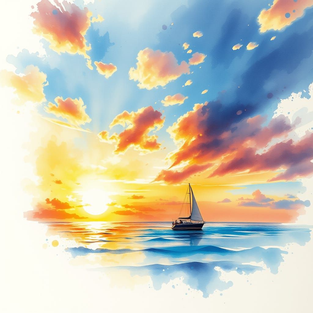 Ocean Sunset in Expressive Watercolour Style