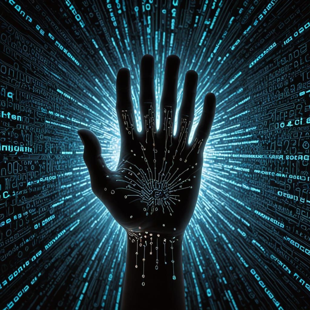 Glowing Code Hand Emerges From Digital Abyss