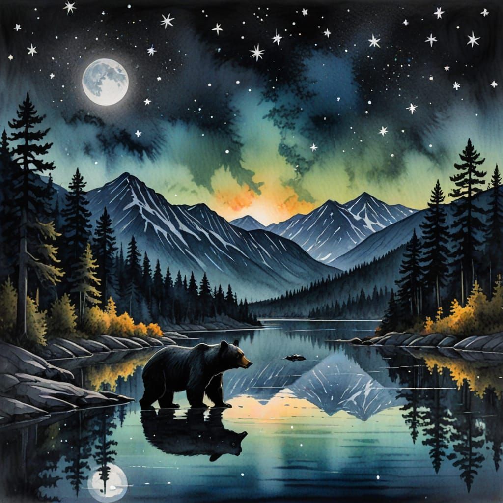 Bears Playing by Lake Under Starry Night Sky