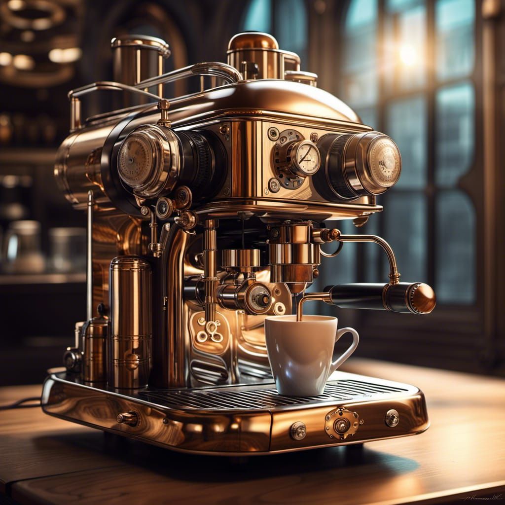 Steampunk Coffee Machine with Crepuscular Rays