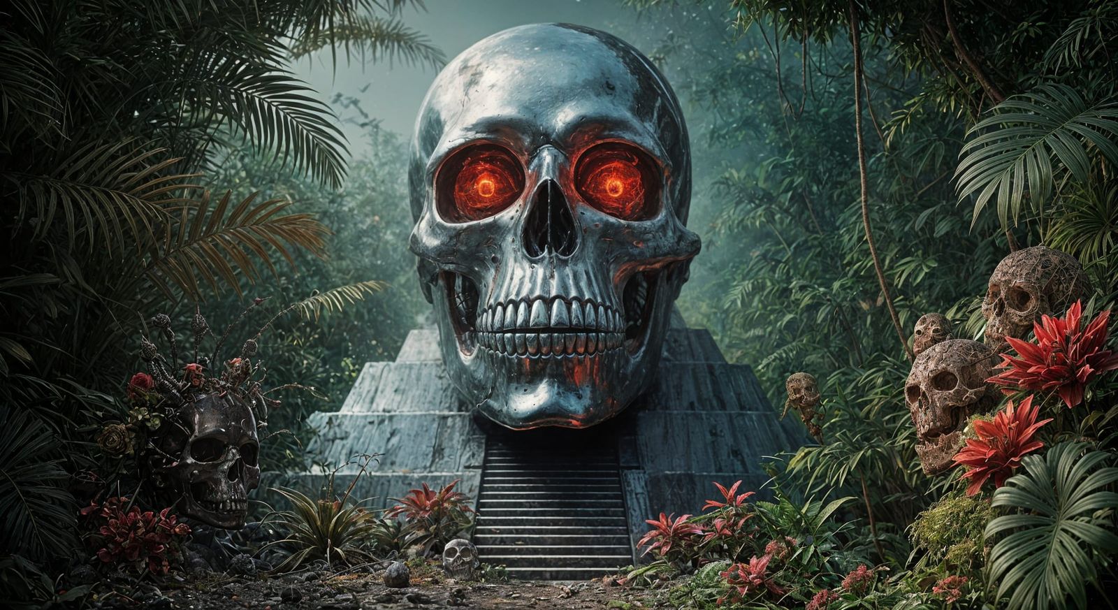 Glowing Chrome Skull in Jungle Ruins at Night